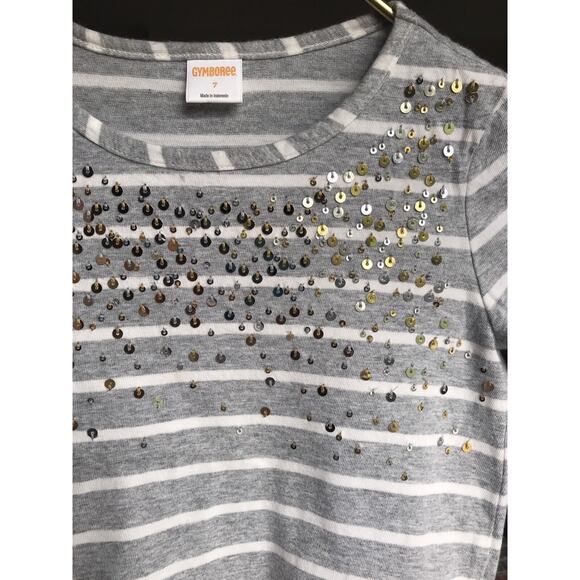 Gymboree Girls Gray Striped Ruffle Hem Blouse Sequin Cotton Size 7 Long Sleeve - Picture 2 of 10